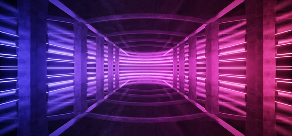 Large Hangar Garage Spotlights Neon Lasers Purple Blue Glowing Empty Warehouse Tunnel Corridor Concrete Floor With Columns background Modern 3D Rendering Illustration