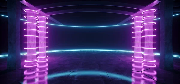 Sci Fi Neon Led Lasers Lights Purple Blue Vibrant Studio Lights Glowing Dark Garage Warehouse Hangar Concrete Floor Grunge Underground Showroom 3D Rendering Illustration