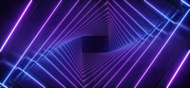 Parlak Neon Parıltısı Mor Flüt Lazer Elektrikli Işık Tüpleri Tüneli Bilim Kurgu Geleceği Boş Oyun Arkaplanı 3D Çizim Çizimi