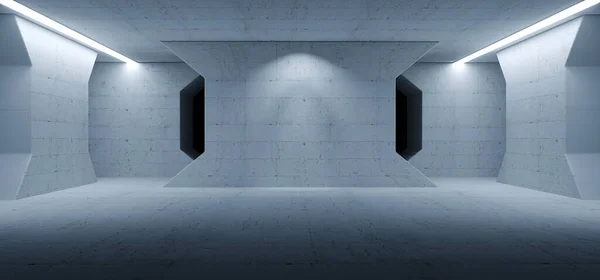 Sci Fi Modern Alien Spaceship Room Tunnel Corridor White Concrete Rough Grunge Studio Garage Hangar White Lights 3D Rendering Illustration