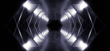 Bilimkurgu Modern Fütürist Açısal Çimento Karanlık Uzaylı Uzay Odası Tünel Koridoru Beyaz Beton Sert Grunge Stüdyosu Garaj Hangarı Beyaz Işıklar 3D Görüntü