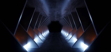 Bilimkurgu Modern Fütürist Açısal Çimento Karanlık Uzaylı Uzay Odası Tünel Koridoru Beyaz Beton Sert Grunge Stüdyosu Garaj Hangarı Beyaz Işıklar 3D Resim