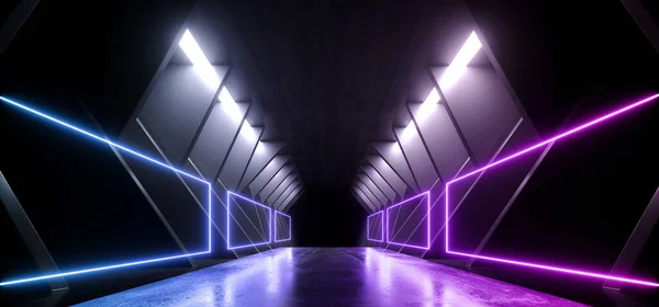 Neon Lasers Blue Purple  Sci Fi Modern Futuristic Angular Alien Spaceship Room Tunnel Corridor White Concrete Glossy Grunge Studio Garage Hangar White Lights 3D Rendering illustration