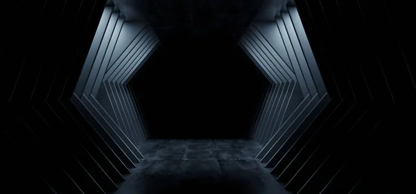 Sci Fi Modern Futuristic Angular Cement Dark Alien Spaceship Room Tunnel Corridor White Concrete Rough Grunge Studio Garage Hangar White Lights 3D Rendering Illustration