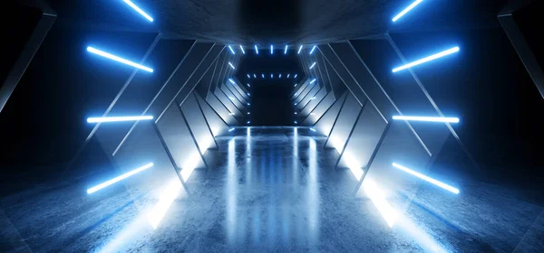 Neon Virtual Lasers Blue Sci Fi Modern Futuristic Angular Alien Spaceship Room Tunnel Corridor White Concrete Rough Grunge Studio Garage Hangar White Lights 3D Rendering Illustration