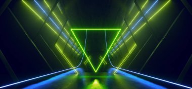 Neon Üçgeni Bilim Kurgu Retro Modern Parlak Lazer Uzaylı Uzay Gemisi Garaj Garajı Hangarı Mavi Yeşil Beton Parlak Arkaplan 3D Resim