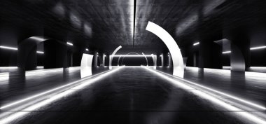 Modern Retro Oval Bilim Kurgu Fütüristik Depo Tüneli Yeraltı Arc Hangarı Sanal Beyaz Lazer Parlak İzler Parlak Döşeme 3D Resim