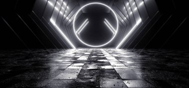 Çember Neon Pürüzlü Çimento Bilim Kurgu Retro Modern Parlak Lazer Uzaylı Uzay Gemisi Garaj Koridoru Beyaz Beton Parlatıcı Arkaplan 3B Resimlendirme