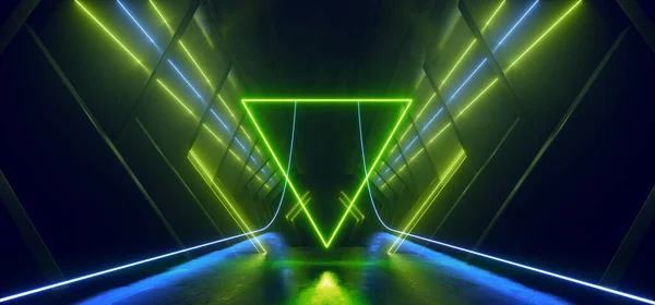Neon Triangle Sci Fi Retro Modern Glowing Laser Electric Alien Spaceship Tunnel Garage Corridor Hangar Blue Green Concrete Glossy Virtual background 3D Rendering Illustration