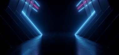 Neon Bilim Kurgu Üçgeni Retro Modern Parlak Lazer Uzaylı Uzay Gemisi Garaj Garajı Koridoru Mor Mavi Beton Parlak Arkaplan 3D