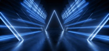 Neon Bilim Kurgu Üçgeni Retro Modern Parlak Lazer Uzaylı Uzay Gemisi Garaj Garajı Koridoru Mavi Beton Parlak Arkaplan 3B
