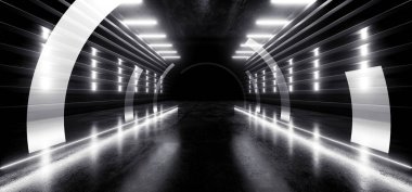 Neon Parlayan Beyaz Parlak Modern Retro Oval Bilim Kurgu Fütüristik Depo Tüneli Yeraltı Otoparkı Arc Sanal Lazer İzleri Parlak Döşeme 3D Çizim
