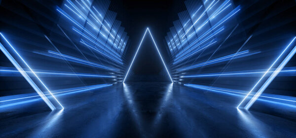 Неоновый Sci Fi Треугольник Retro Современный глянцевый лазер Электрический пришелец Корригированный Ангар Голубой бетонный фон 3D Рендеринг Иллюстрация