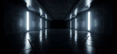 Çimento Bilimi Beton Mağazası Koyu Yeraltı Stüdyosu Araba Otoparkı Mavi Işıklar Modern Arka plan 3D Görüntü