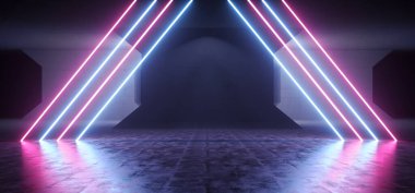 Bilim Kurgu Şekli Üçgen Mor Mavi Elektrikli Lazer Lazer Uzay Gemisi Fütüristik Sanal Çimento Garaj Deposu Garaj Odası Koridor Koridoru 3D Resim Çizim Hangarı