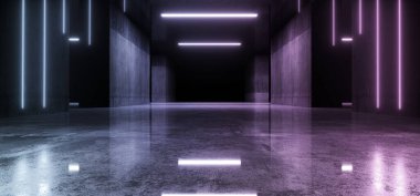 Bilim Kurgu Şekli Mor Mor Mavi Park Lazeri Neon Uzay Gemisi Fütüristik Sanal Beton Garaj Deposu Garaj Odası Tünel Koridoru 3D Resim Çizim Hangarı