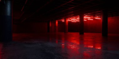 Yeraltı Park Koridoru Uzay Gemisi Kırmızı Işıltı Odası Garaj Hangarı Bilim Kurgu Fütüristik Metal Ağ Paneller Yapı Taş Döşeme Mağazası Garaj Işıkları 3D Görüntü