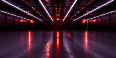 Modern Uzaylı Tüneli Koridoru Uzay Gemisi Kırmızı Işıltı Odası Garaj Hangarı Bilim Kurgu Mağazası Fütüristik Metal Ağ Paneller Yapı Taş Döşeme Mağazası Garaj Işıkları 3D Görüntü