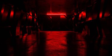 Modern Uzaylı Tüneli Koridoru Uzay Gemisi Kırmızı Işıltılı Lazer Odası Garaj Hangarı Bilim Mağazası Fütüristik Metal Ağ Paneller Yapısı Taş Zemin Sergi Odası Işıkları 3D Resim Hazırlama