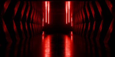 Modern Uzaylı Tüneli Koridoru Uzay Gemisi Kırmızı Işıltılı Lazer Odası Garaj Hangarı Bilim Mağazası Fütüristik Metal Ağ Paneller Yapısı Taş Zemin Sergi Odası Işıkları 3D Resim Hazırlama