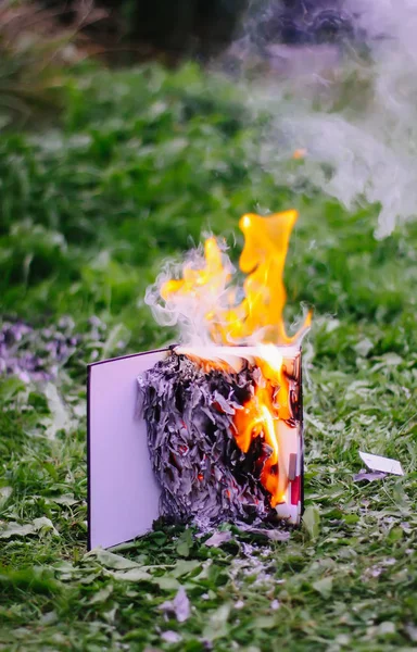 Old notepad burning on green summer grass outdoors.