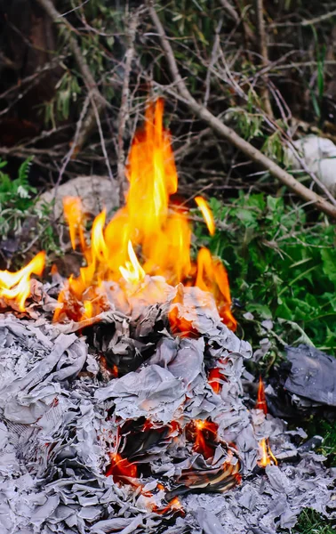 ग्रीन ग्रीष्मकालीन घास आउटडोर पर कागज जल रहा है . — स्टॉक फ़ोटो, इमेज