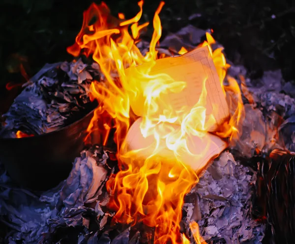 Paper Burning Green Summer Grass Outdoors — Stock Photo, Image