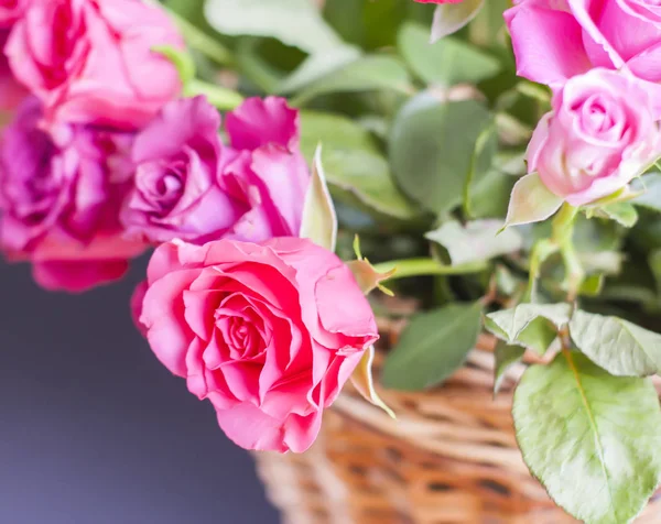 Hasır sepetin içinde güzel güller.