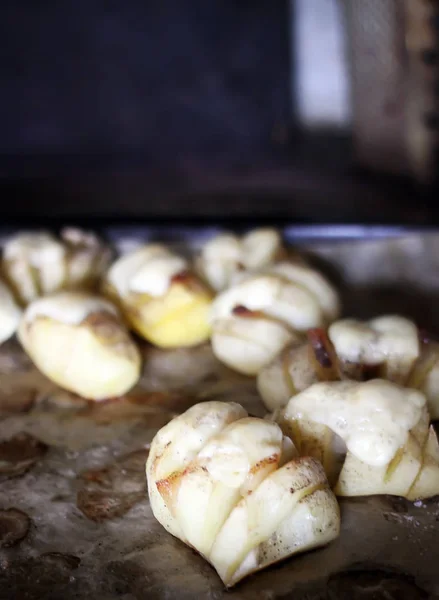 Baked Potatoes Meat Cheese Baking Tray — Stock Photo, Image