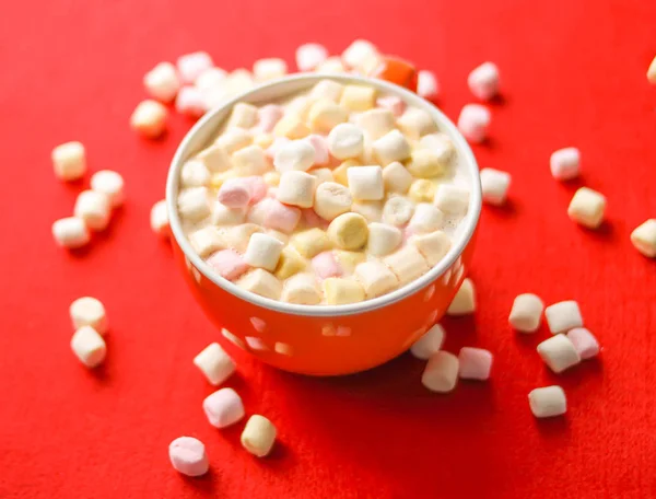Cocoa Drink Colorful Small Marshmallows Red Background — Stock Photo, Image