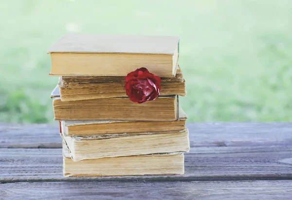Tarjeta Vintage Con Pila Libros Antiguos Flor Rosa Roja Aire — Foto de Stock