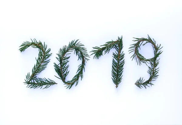 Números de 2019 hechos de ramas de abeto. Feliz Año Nuevo elementos de diseño de temporada para tarjetas de felicitación festivas, póster, pancarta, web, invitaciones . — Foto de Stock