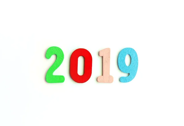 Νέο Έτος Διακοσμητική Σύνθεση 2019 Πολύχρωμα Ξύλινα Μικρά Νούμερα Εορταστική — Φωτογραφία Αρχείου