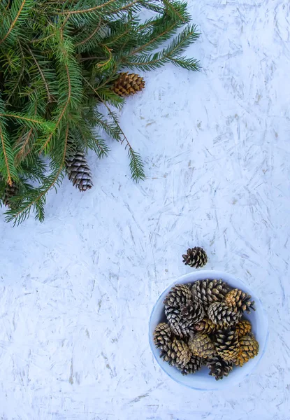 Composición navideña con ramas de abeto, conos de pintura dorada sobre fondo de madera envejecida blanca. Plantilla de diseño festivo de Año Nuevo . — Foto de Stock