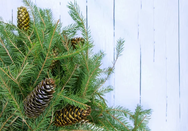 Christmas Composition Fir Tree Branches Cones White Aged Wooden Background — Stock Photo, Image