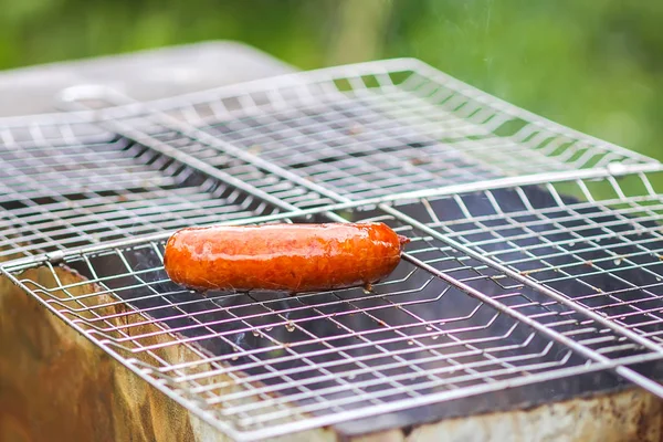 Tasty Sausages Frying Brazier Hot Coals Outdoors Countryside Summer Cooking — 스톡 사진