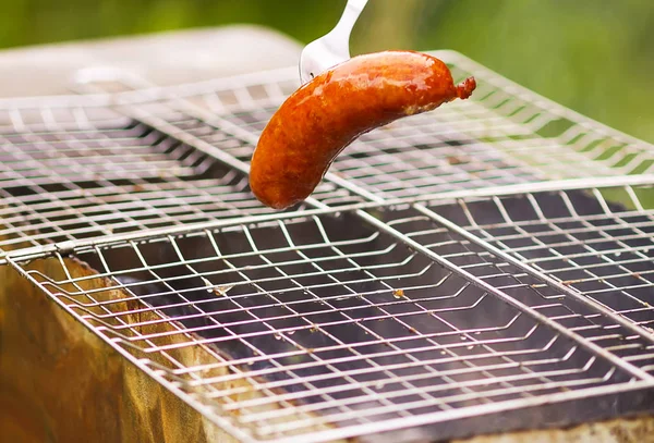 Salsichas grelhadas saborosas. Fritando no braseiro ao ar livre no campo no verão . — Fotografia de Stock