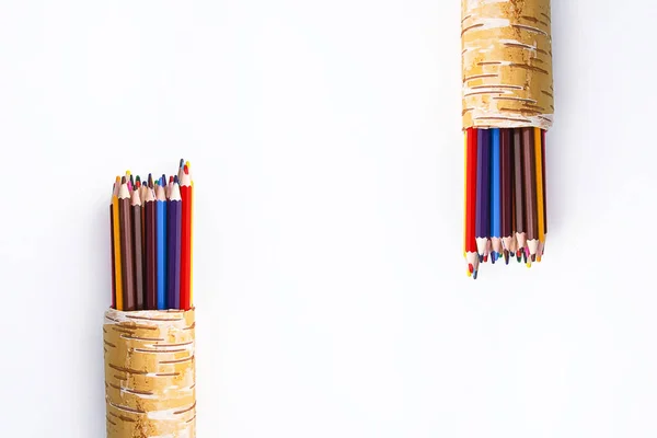 Colored pencils in a handmade birch bark organiser on white background. — 스톡 사진