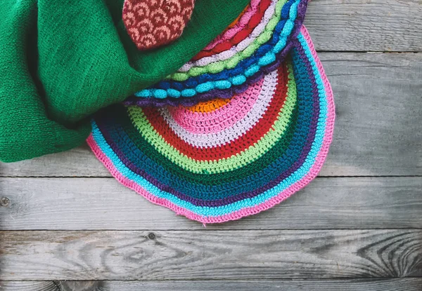 Tappeto Lavorato Maglia Copertine Fondo Legno Elementi Interni Naturali — Foto Stock