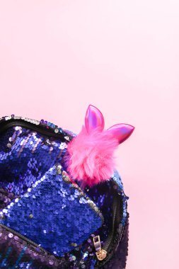 Moda aksesuarlarının parlak kompozisyonu. Pırıl pırıl pullar, not defteri ve süslü kalemler. Yumuşak pastel arka planda farklı nesneler. Düz yatış, üst görünüm.