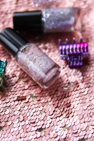 Bright Composition Fashion Accessories Nail Polishes Hair Pins Glitter Sequins — 스톡 사진