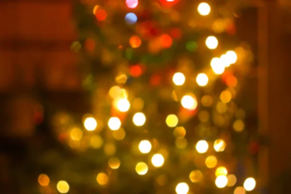 Geschmückter Tannenbaum Goldene Unschärfe Bokeh Licht Hintergrund — Stockfoto