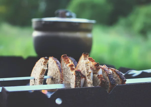 Хлеб и мясо на шампуре. Старая сковорода с травяным чаем на жаровне . — стоковое фото