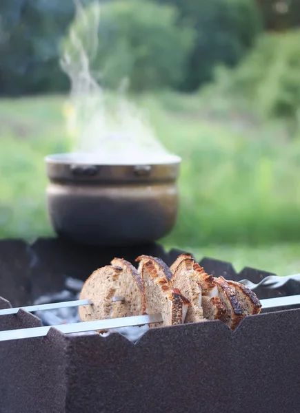 Bread and meat on skewer. Old pan with herbal tea on brazier. — 스톡 사진