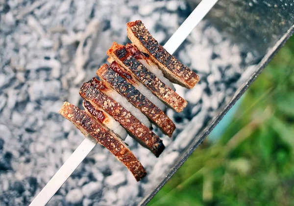 Bread and meat on skewer — Stock Photo, Image