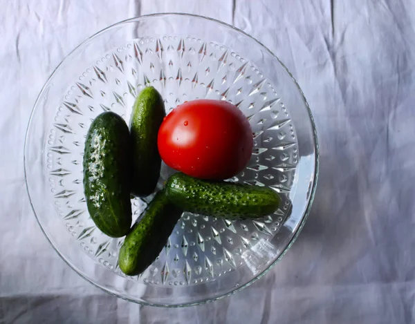 Cetrioli Freschi Maturi Pomodoro Una Tazza — Foto Stock