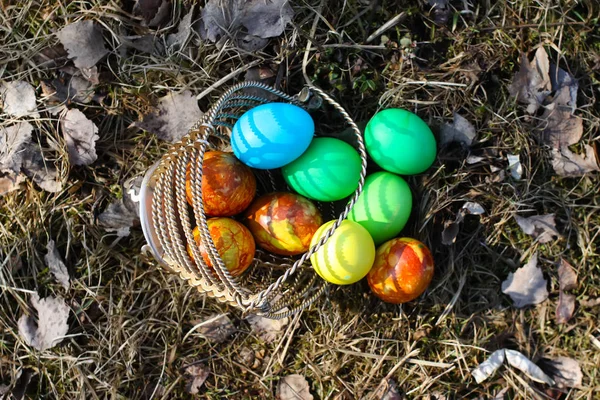 Ovos Páscoa Coloridos Brilhantes Uma Cesta Chão — Fotografia de Stock