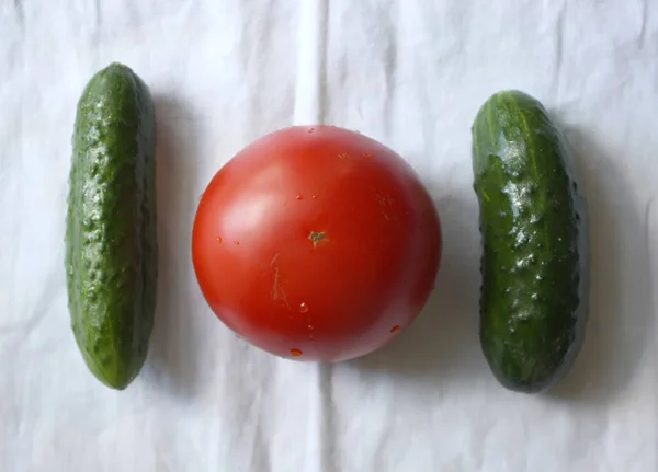 Tomates Vermelhos Frescos Maduros Pepinos — Fotografia de Stock