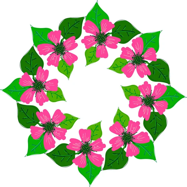 Corona Floral Abstracta Marco Con Flores Color Rosa Hojas Verdes — Vector de stock