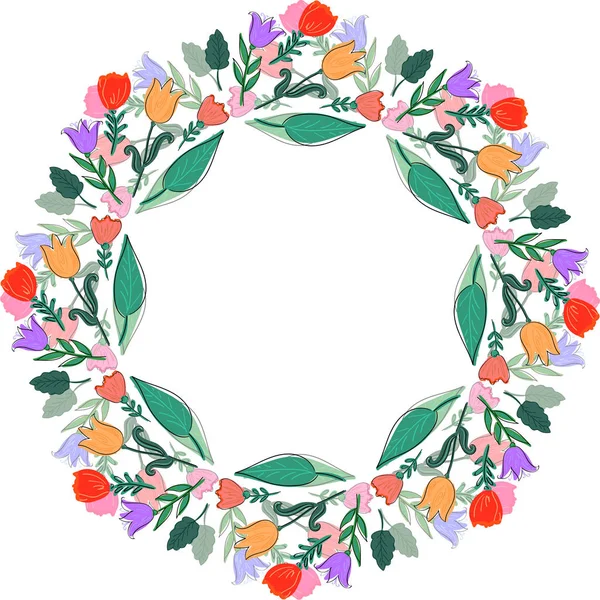 Abstract Floral Wreath Frame Summer Bright Flowers Green Leaves Decorative — 스톡 벡터